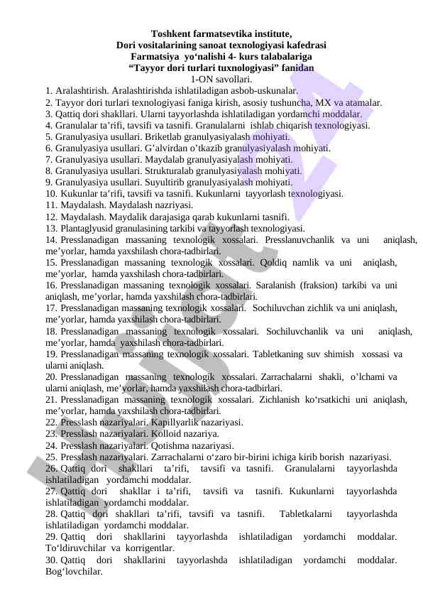 Tayyor dori turlari tuxnologiyasi fanidan savollar