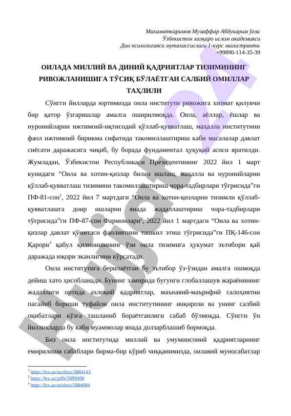 Oila milliy va din qadriyatlari rivojlanishi tahlili