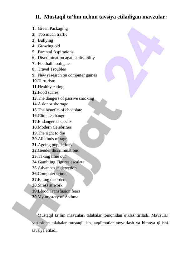Mustaqil ta’lim mavzulari bo‘yicha tavsiyalar