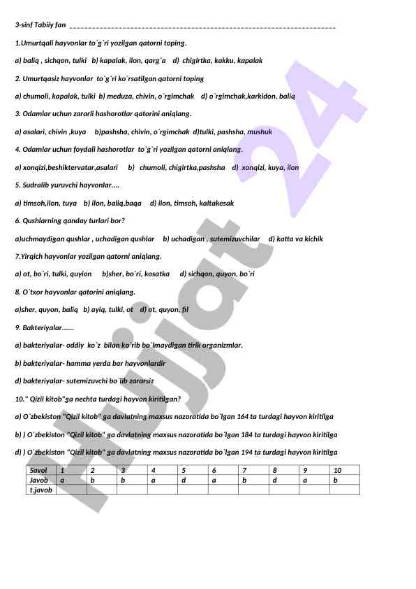 Umurtqali va umurtqasiz hayvonlarni aniqlash testi