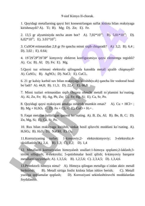 9-sinf kimyo test savollari va javoblar