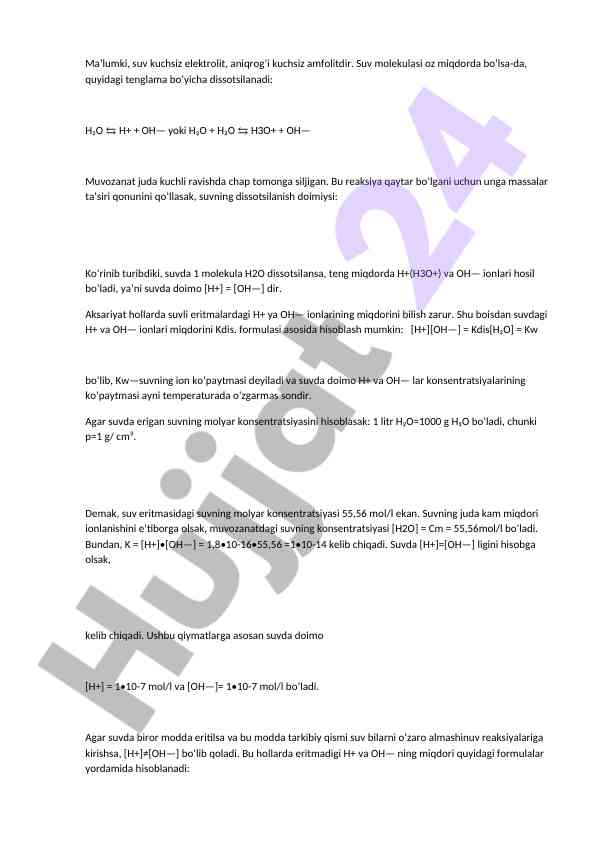 Suvning ionlangan munosabatlari va kichik miqdori