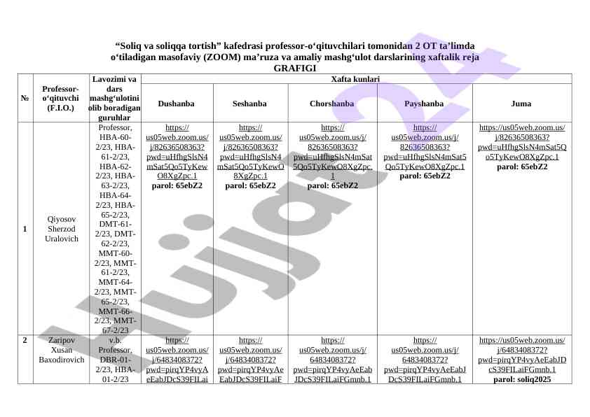 Soliq va soliqqa tortish darslarining haftalik reja