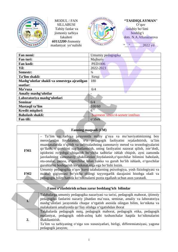Umumiy pedagogika fanining sillabusi 2022-2023