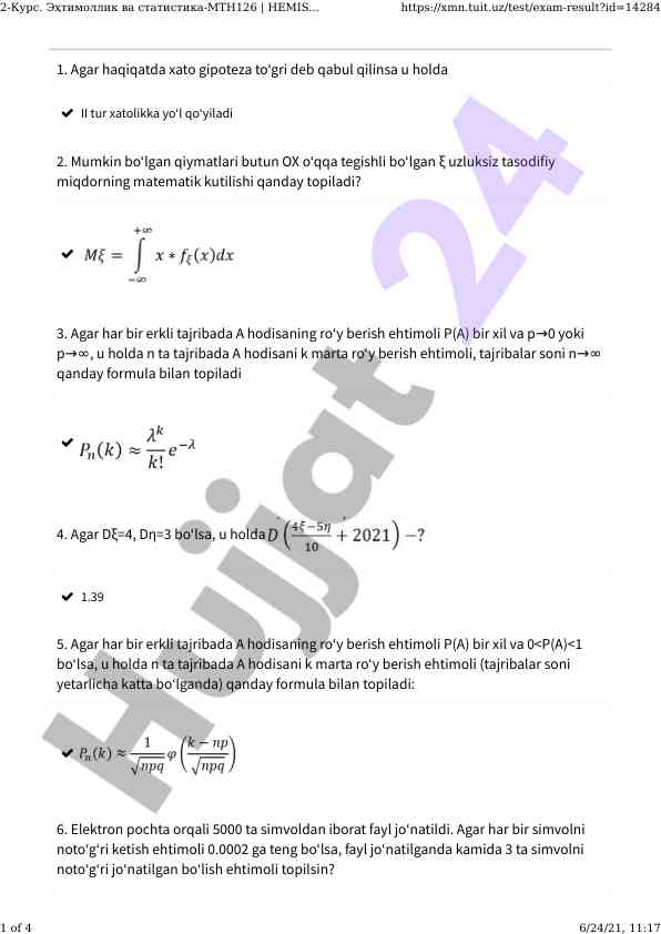 Statistik va ehtimollik nazariyasi test namunalari