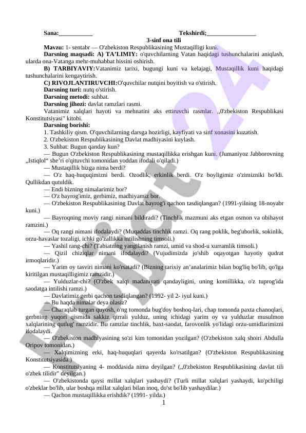 O'zbekiston mustaqilligi kuni dars ishlanmasi