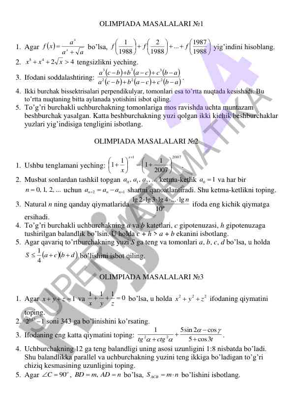 Olimpiada masalalari: geometriya va algebra savollari