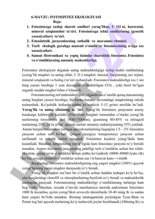 Fotosintez ekologiyasi tahlili va ommaviy ta'siri