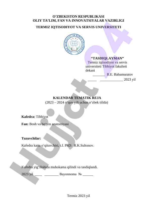 Bosh va bo‘yin anatomiyasi tematik reja 2023-2024