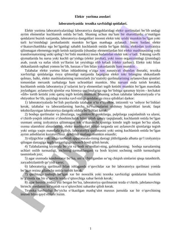 Elektr yuritma asoslari laboratoriyasida xavfsizlik qoidalari
