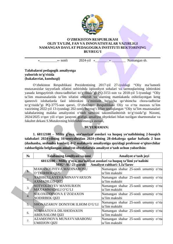 Pedagogik amaliyotga yuborish tartibi 2024 yil