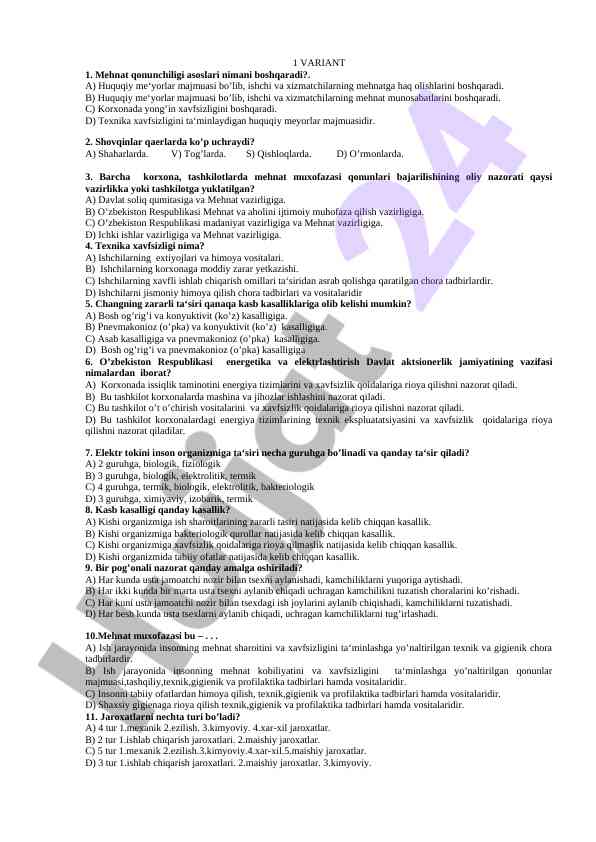 Mehnat qonunchiligi asoslari test savollari