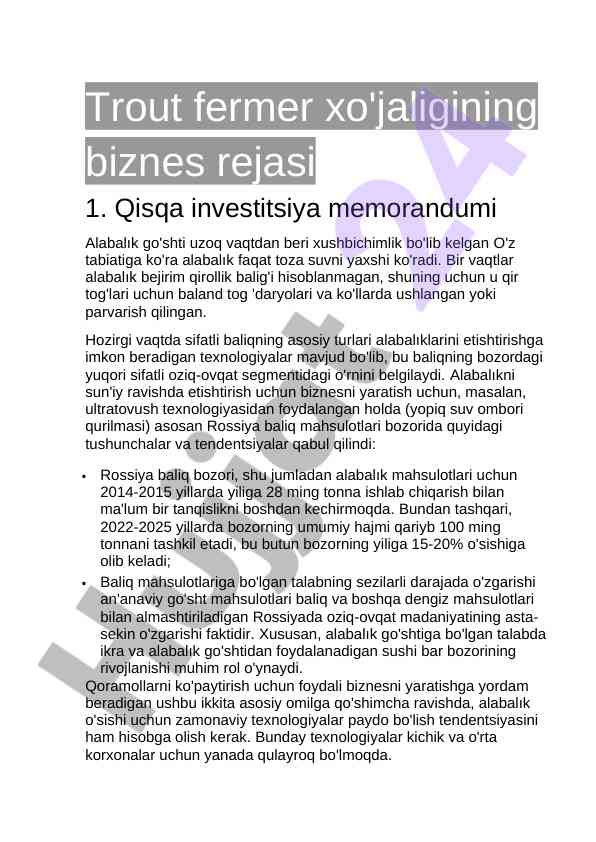 Trout fermer xo'jaligi uchun biznes rejasi