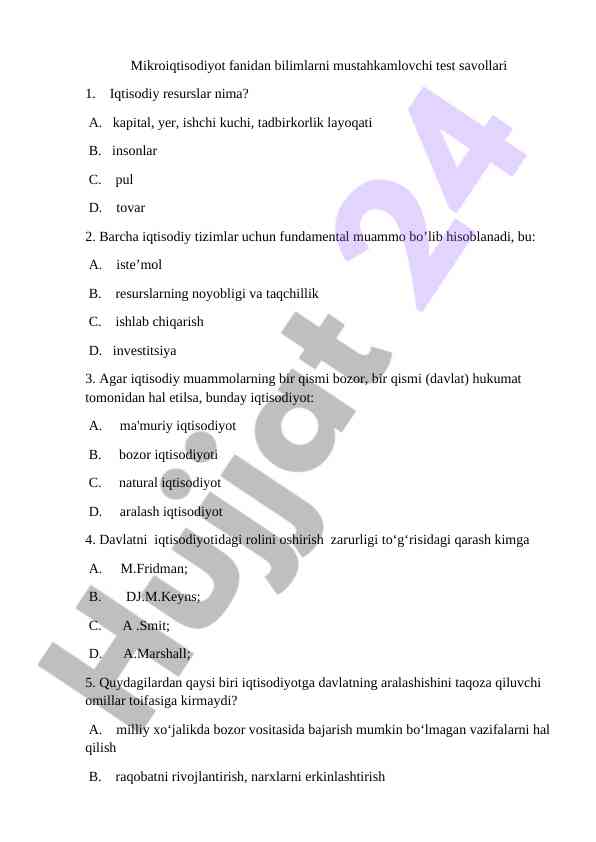 Mikroiqtisodiyot fanidan test savollari