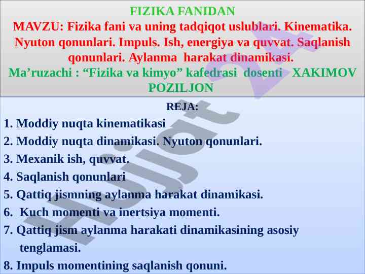 Fizika fanidan kinematika va dinamika asoslari