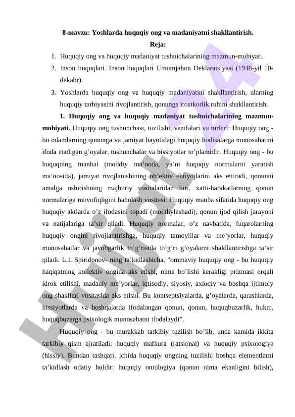Yoshlarda huquqiy ong va madaniyatni shakllantirish