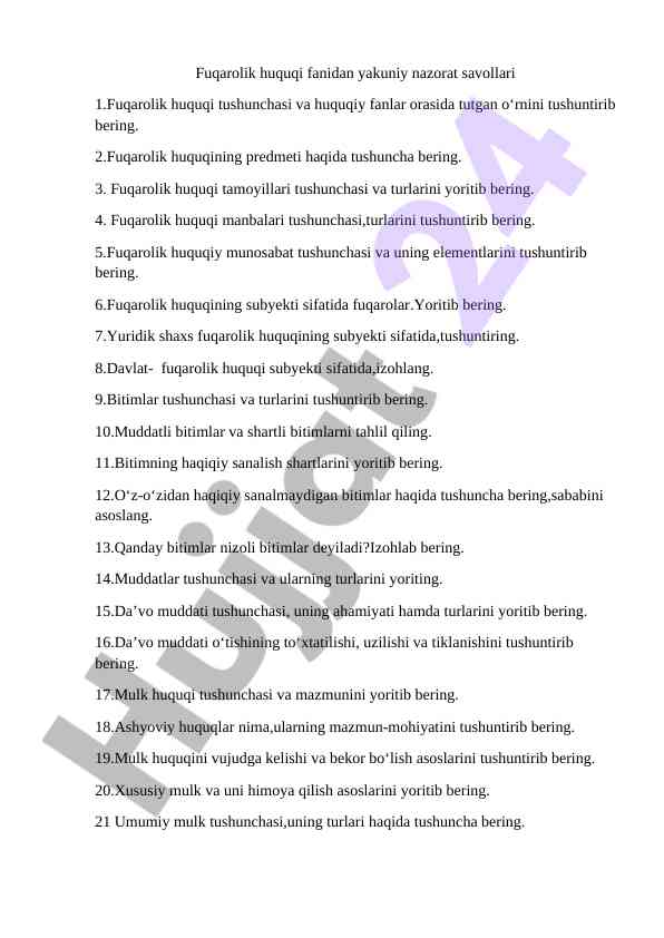 Fuqarolik huquqi fanidan yakuniy nazorat savollari