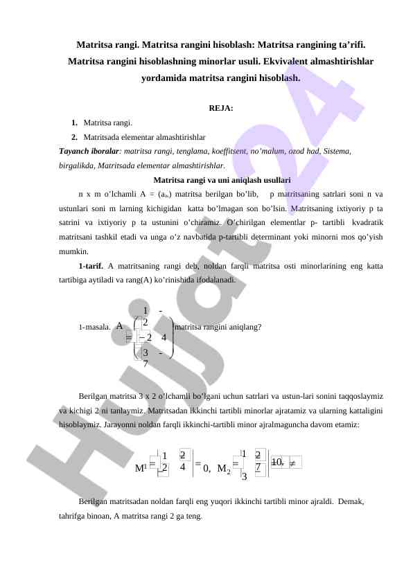 Matritsa rangini hisoblash usullari va ta’riflari