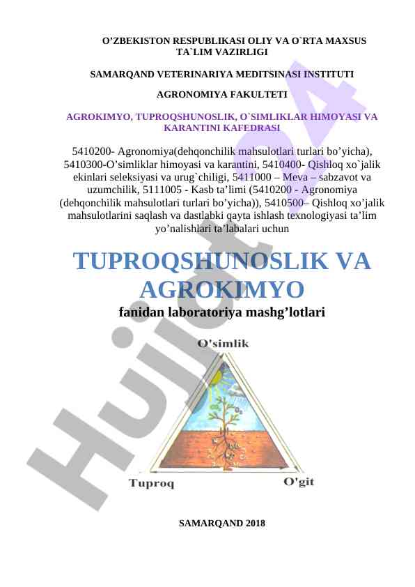 Tuproqshunoslik va agrokimyo laboratoriya mashg’lotlari