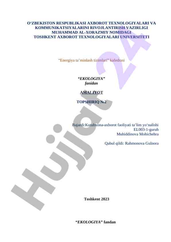 Amaliyot topshiriq ekologiya fanida tabiiy resurslar