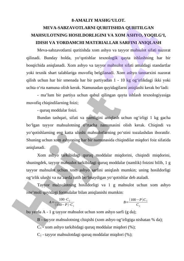 Meva-sabzavotlarni quritish jarayoni tadqiqoti