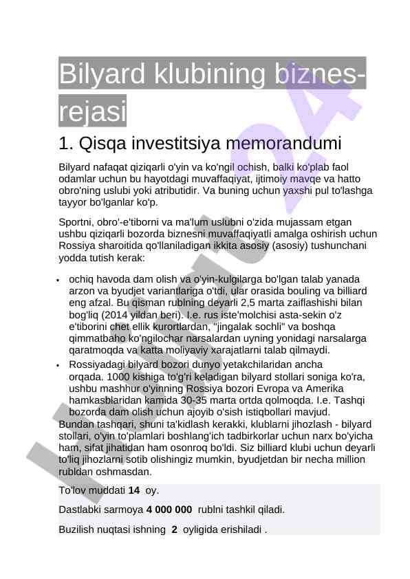 Bilyard klubining biznes-rejasi va investitsiya memorandumi