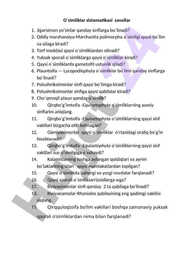 O`simliklar sistematikasi savollari va javoblari