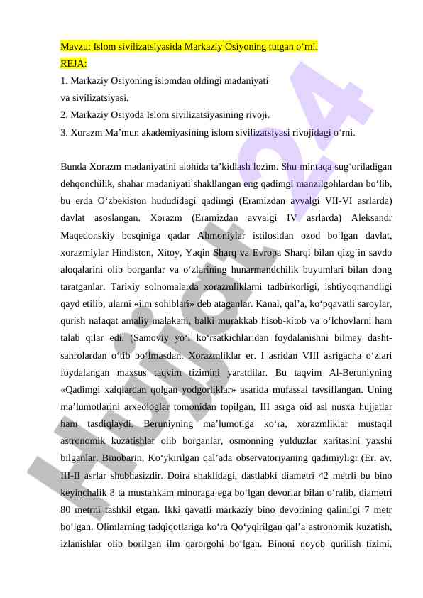 Islom sivilizatsiyasida markaziy osiyo tutgan o‘rni