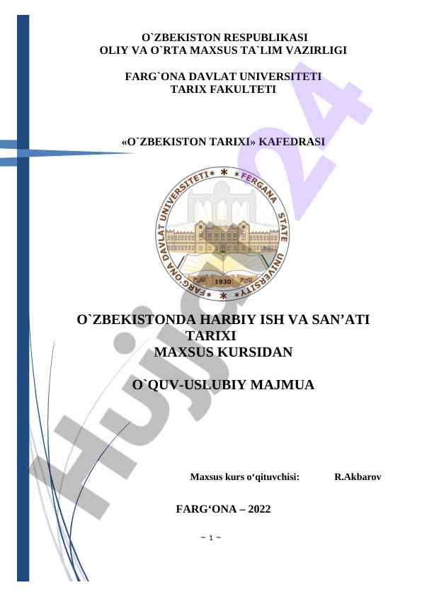Harbiy ish va san’ati tarixi o‘quv-uslubiy majmua