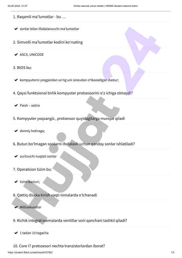 Raqamli ma'lumotlar, bios va operatsion tizimlar testlari