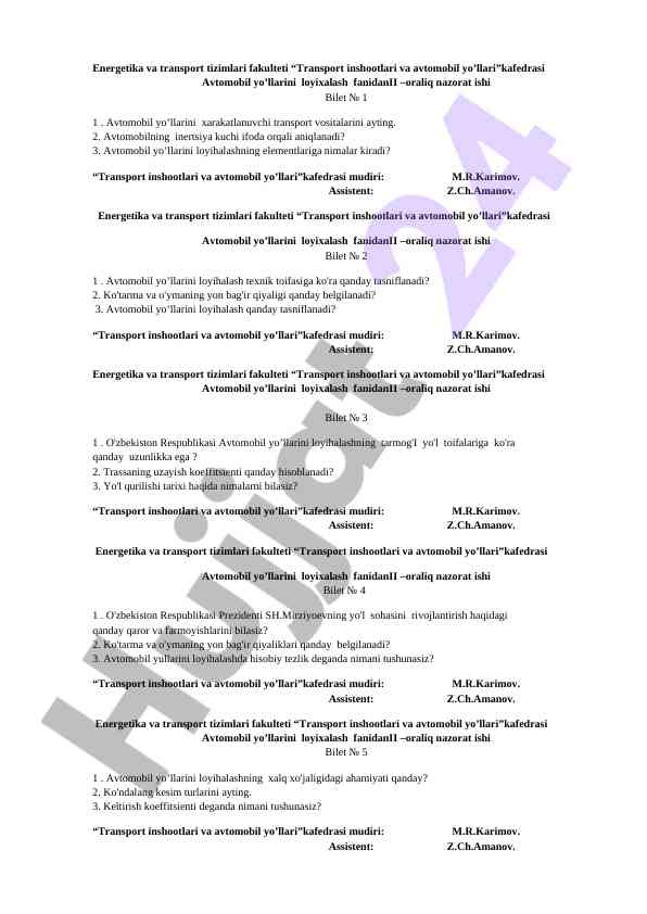 Avtomobil Yo'llarini Loyihalash Fanidan Nazorat Ishlari