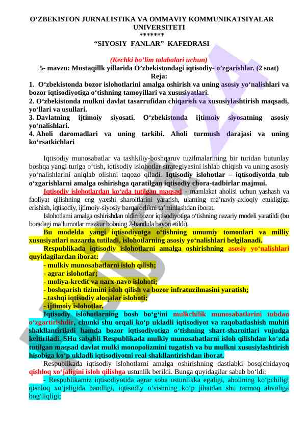 Mustaqillik yillarida o‘zbekistondagi iqtisodiy o‘zgarishlar