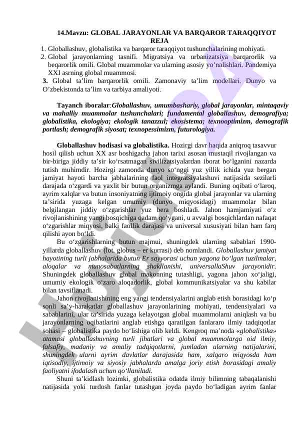 Global jarayonlar va barqaror taraqqiyot tushunchalari