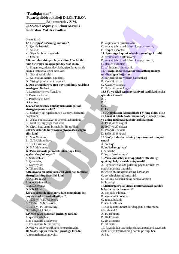 Maxsus fanlardan yda savollari 6-variant