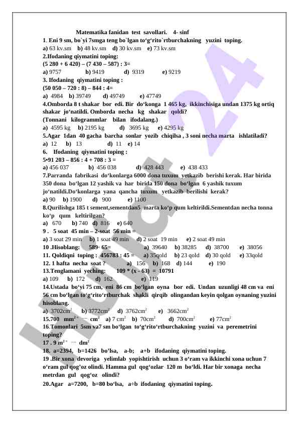 Matematika fanidan 4-sinf test savollari