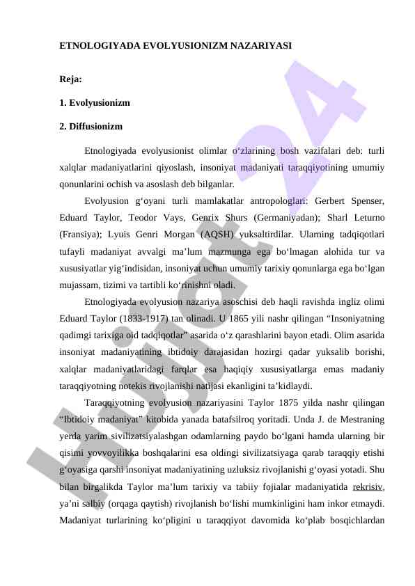 Evolyusionizm nazariyasi etnologiyada rivojlanishi
