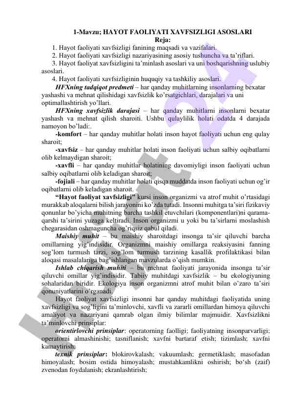 Hayot faoliyati xavfsizligi asoslari ta’riflari
