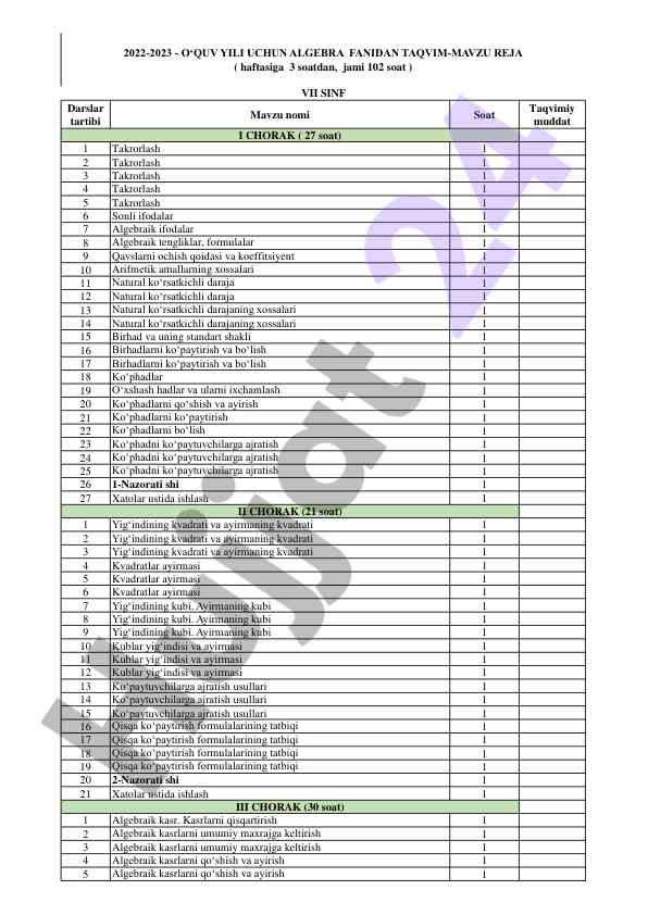 Matematika darslari va takrorlash rejasi