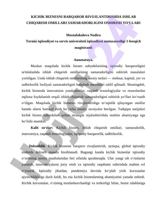 Kichik biznesni barqaror rivojlantirish masalalari