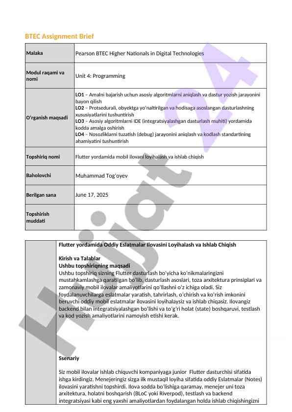 Btec assignment brief o‘quv maqsadlari va baholash