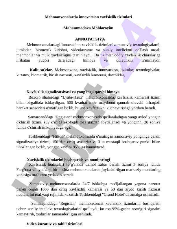 Innovatsion xavfsizlik tizimlari mehmonxonalarda