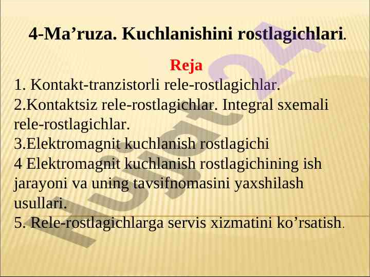 Električni rele rоstlagichlar bo‘yicha ma’ruza