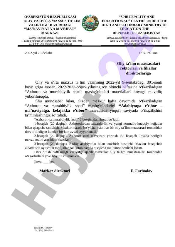 Axborot va murabbiylik soati mashg‘ulotlari