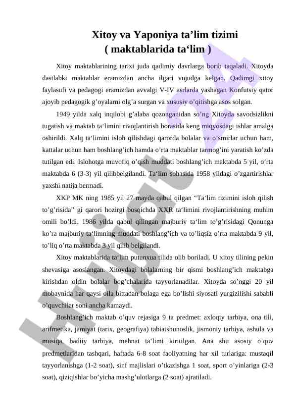 Xitoy va yaponiya ta'lim tizimi tarixi