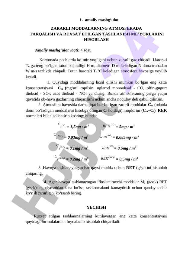 Zararli moddalarning atmosferada tarqalishi hisobi