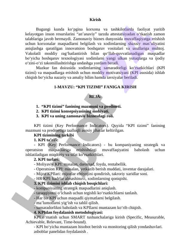 Kpi tizimi fanining asosiy jihatlari va konsepsiyasi