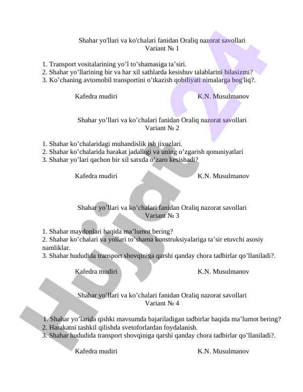 Shahar yo'llari va ko'chalari fanidan oraliq nazorat savollari