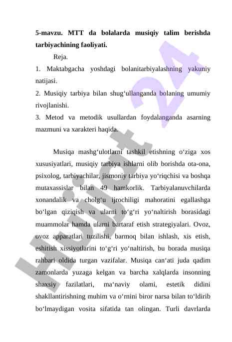 Musiqiy talim berishda tarbiyachining faoliyati