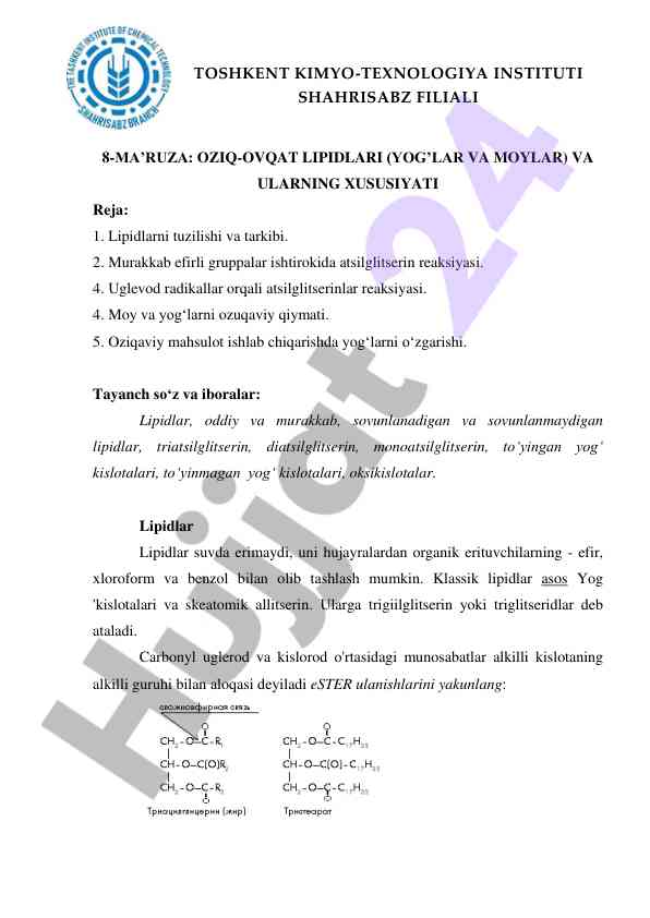 Oziq-ovqat lipidlari va ularning xususiyatlari