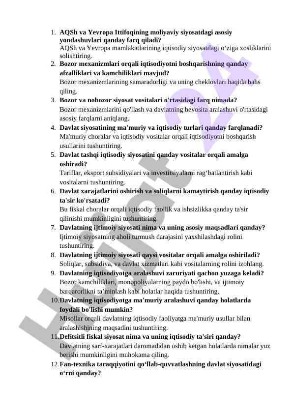 Aqsh va yevropa ittifoqining moliyaviy siyosati